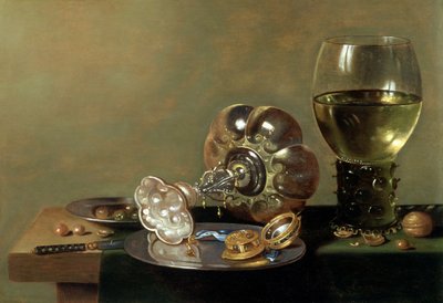 A still life with glass of wine, tazza and a pewter plate by Hans van Sant